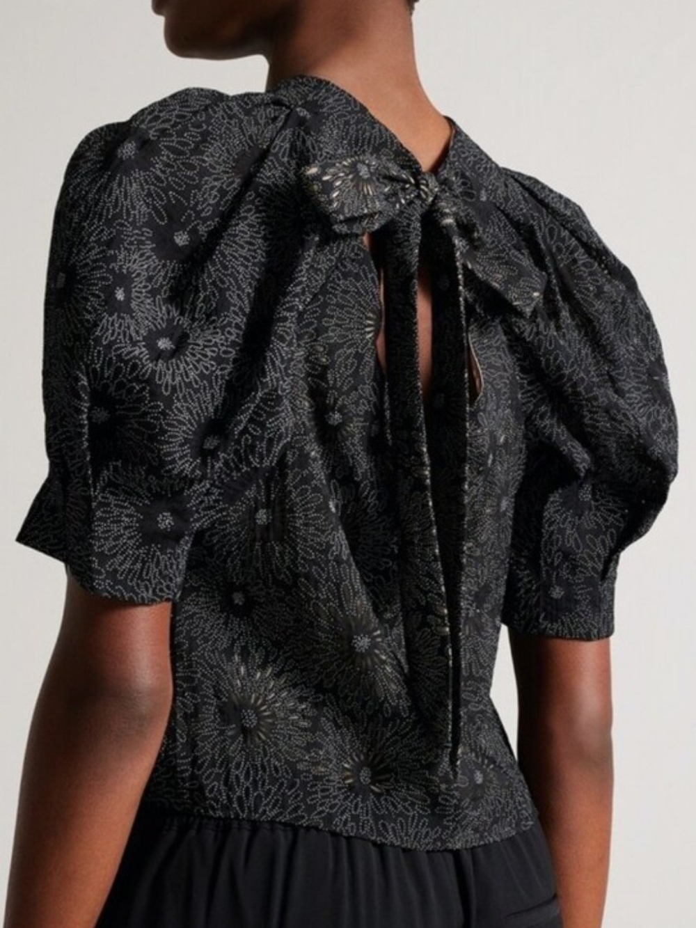 Ted Baker London Black Floral Puff-Sleeve Tie-Back Top